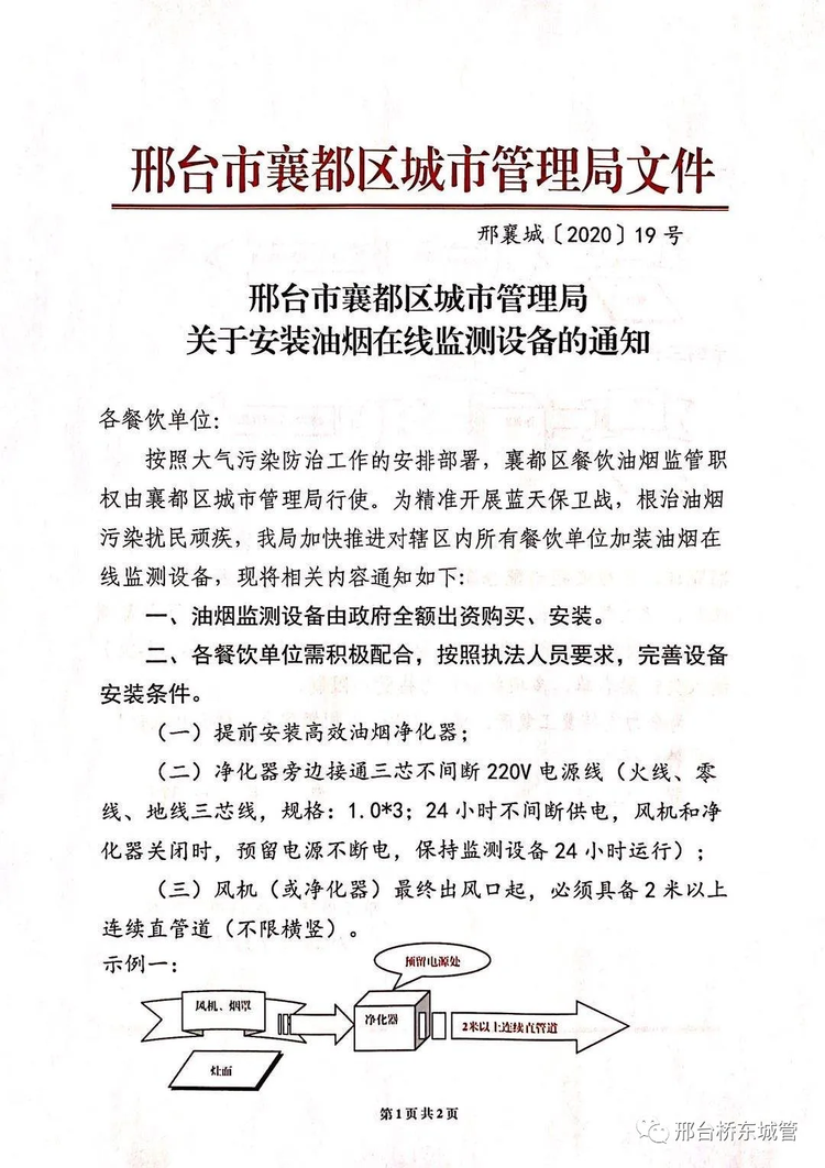 邢台襄都区城市管理局关于安装油烟在线监测设备的通知