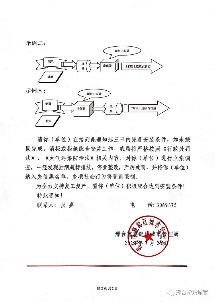 邢台襄都区城市管理局关于安装油烟在线监测设备的通知